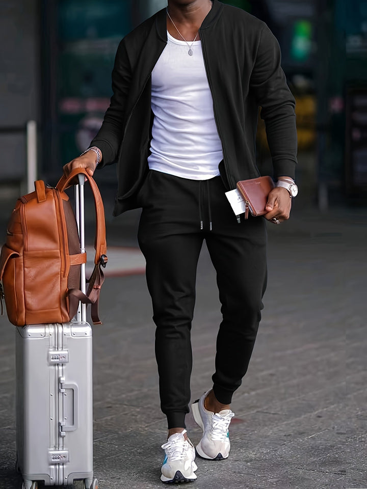 Men's athletic tracksuit, navy blue zipper jacket and joggers, ideal for casual wear or travel