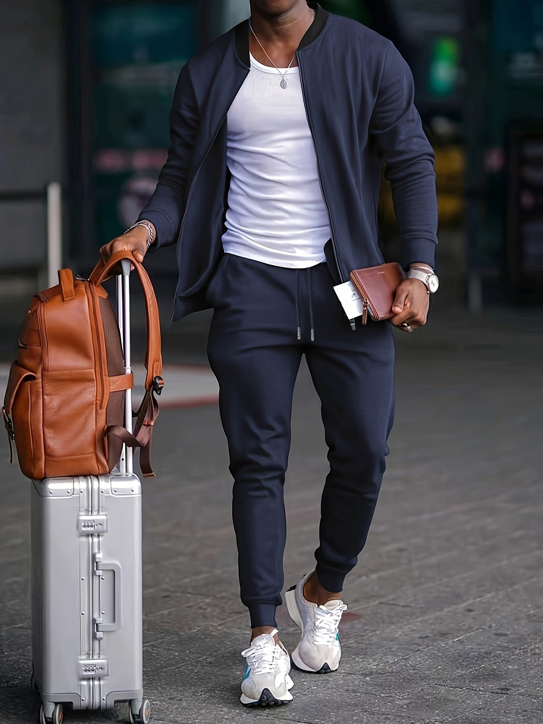 Casual men's tracksuit set in grey with a full-zip jacket and matching joggers, comfortable activewear