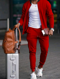 Comfortable men's tracksuit, featuring a red zipper jacket and joggers for activewear and daily fashion
