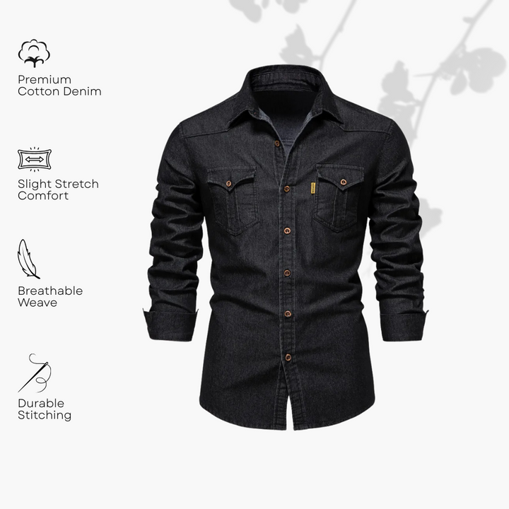 Close-up of AdaptiveFit fabric texture on men's black long sleeve shirt, tailored slim fit.