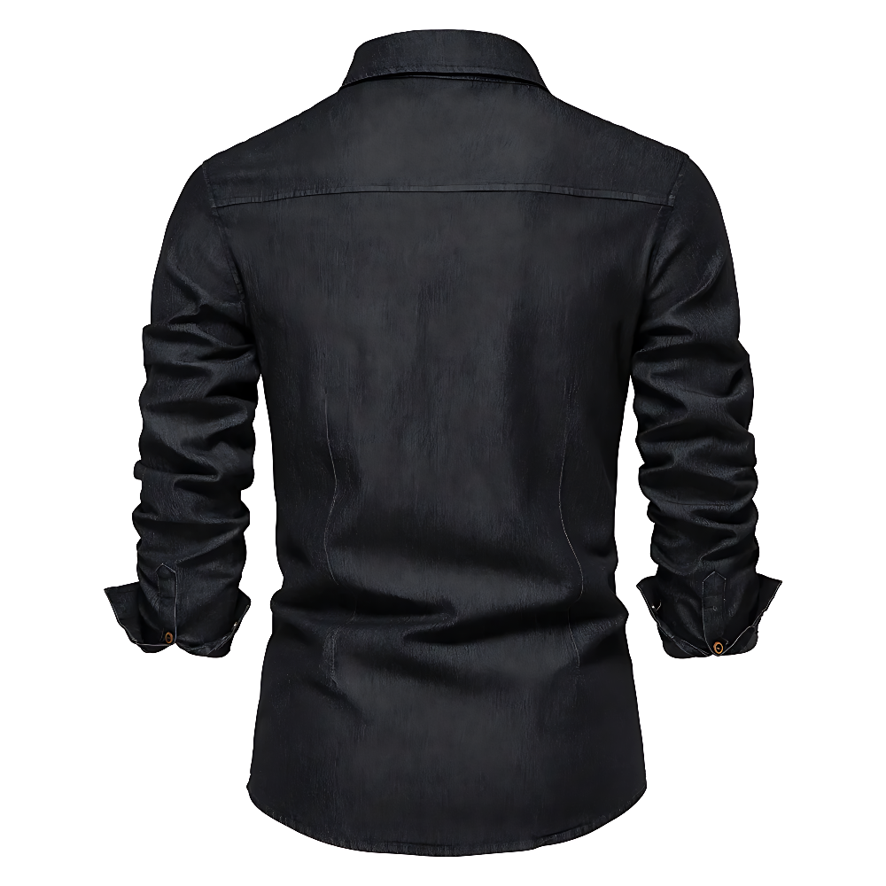 Man wearing black AdaptiveFit slim fit long sleeve shirt casually, showcasing modern men's fashion.