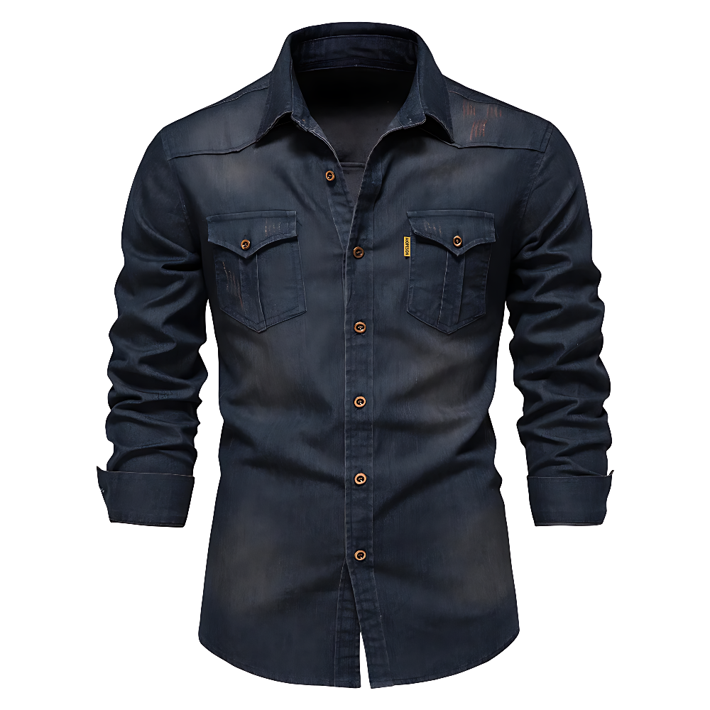 Stylish man in navy AdaptiveFit long sleeve shirt, tailored slim fit, creating a smart casual look.
