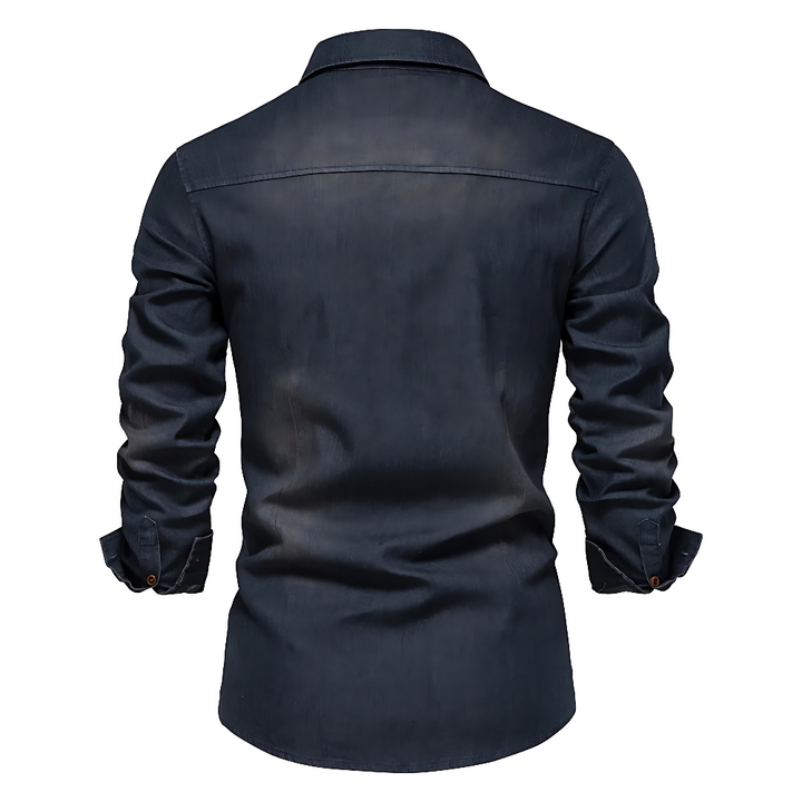 Back view of men's AdaptiveFit long sleeve shirt, tailored slim fit, highlighting modern design.