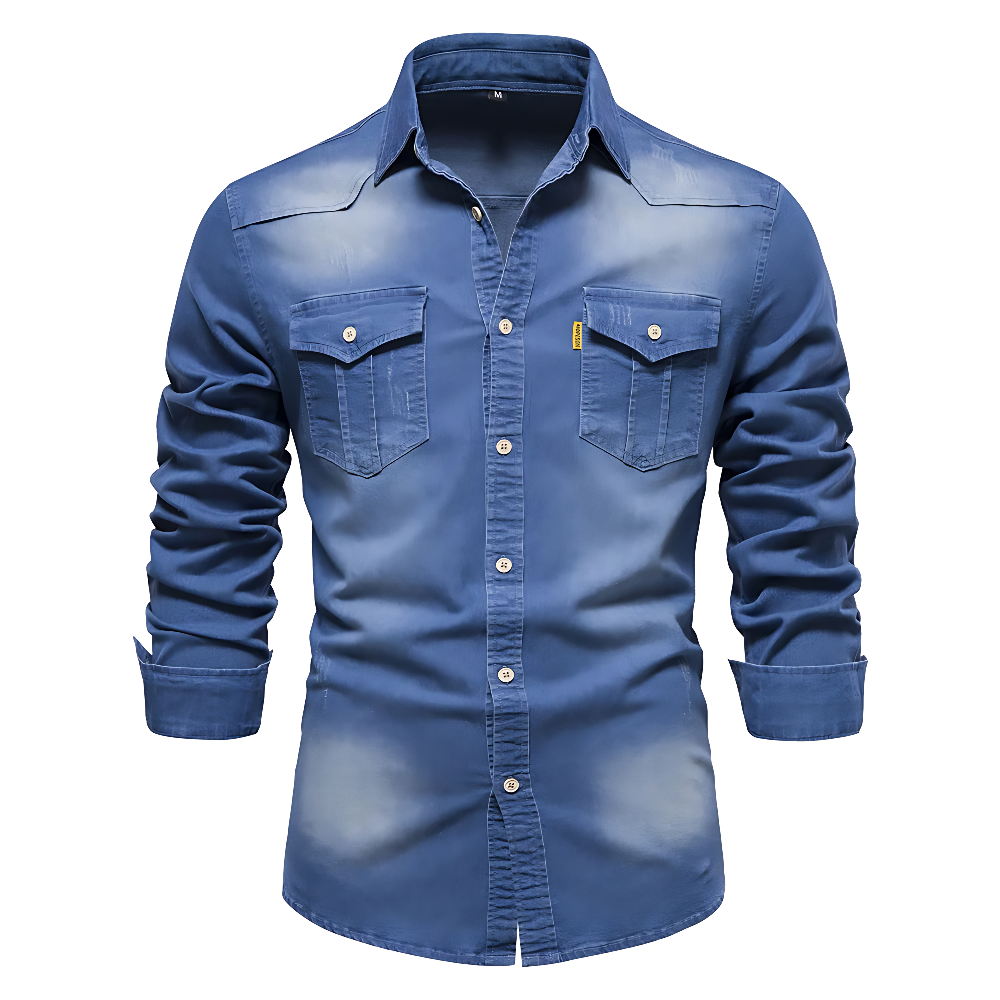 Front view of men's blue AdaptiveFit long sleeve shirt, slim fit, versatile everyday top.