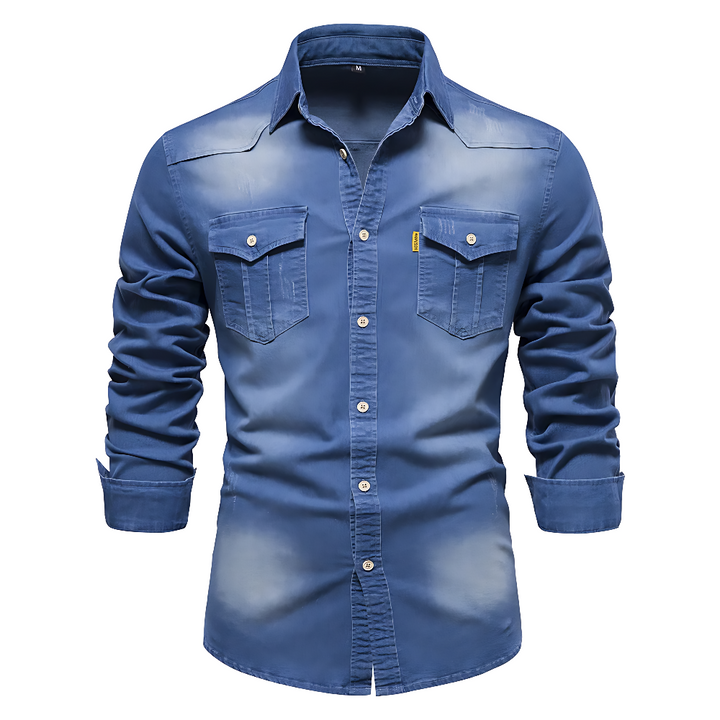 Front view of men's blue AdaptiveFit long sleeve shirt, slim fit, versatile everyday top.