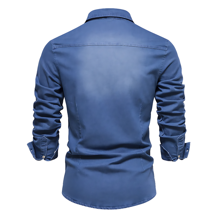 Folded black AdaptiveFit long sleeve shirt for men, tailored slim fit, ready for versatile wear.