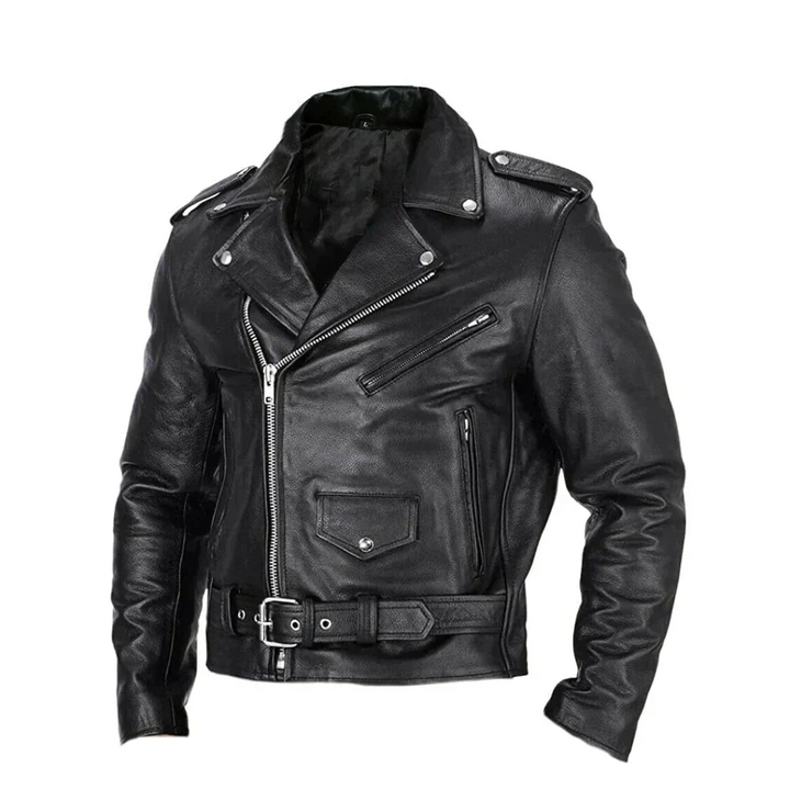 Men's black biker jacket with belt, multiple pockets, and stylish silver hardware, perfect for motorcycle fashion.