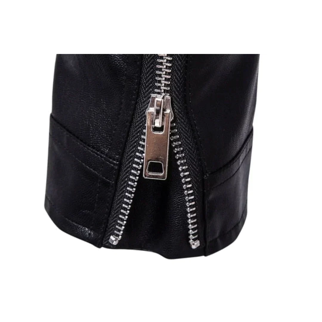 Stylish men's black leather biker jacket with belt & zip pockets, ideal for motorcycle rides or casual men's wear.