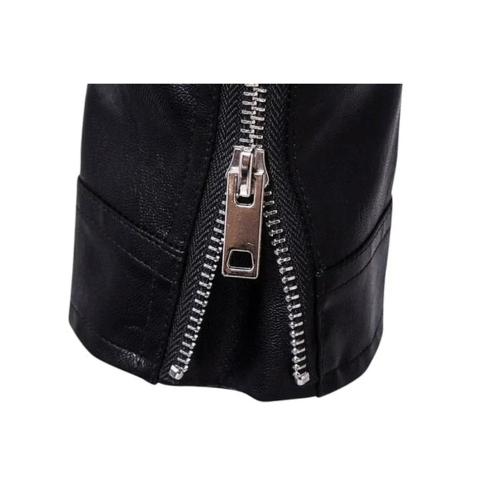 Stylish men's black leather biker jacket with belt & zip pockets, ideal for motorcycle rides or casual men's wear.