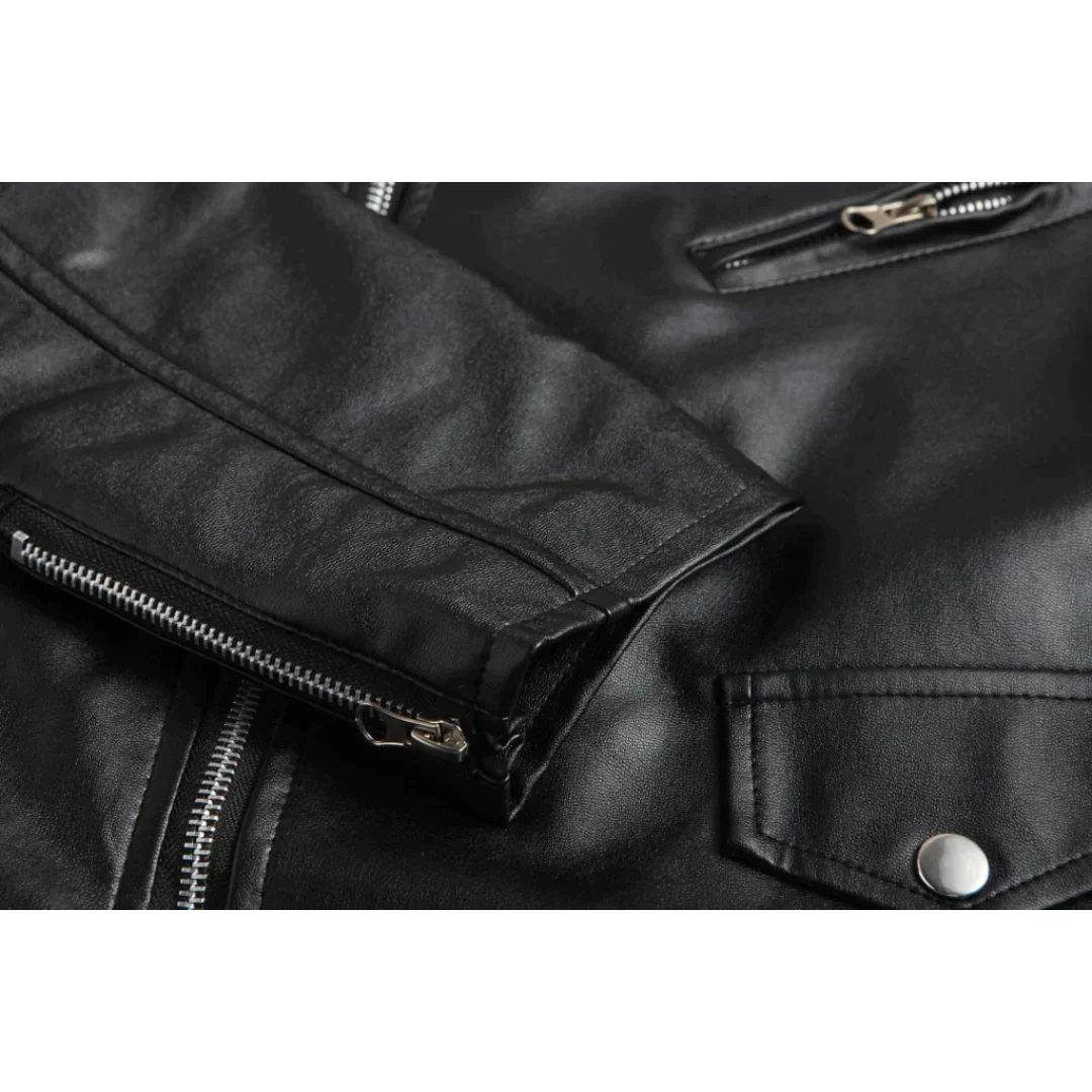 Classic men's black motorcycle jacket, belted and with pockets, essential fall/spring outerwear for men.