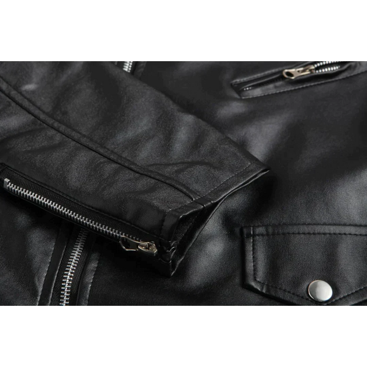 Classic men's black motorcycle jacket, belted and with pockets, essential fall/spring outerwear for men.