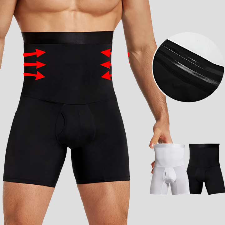 Men's black compression pants offering thigh & waist support for athletic performance & muscle recovery.