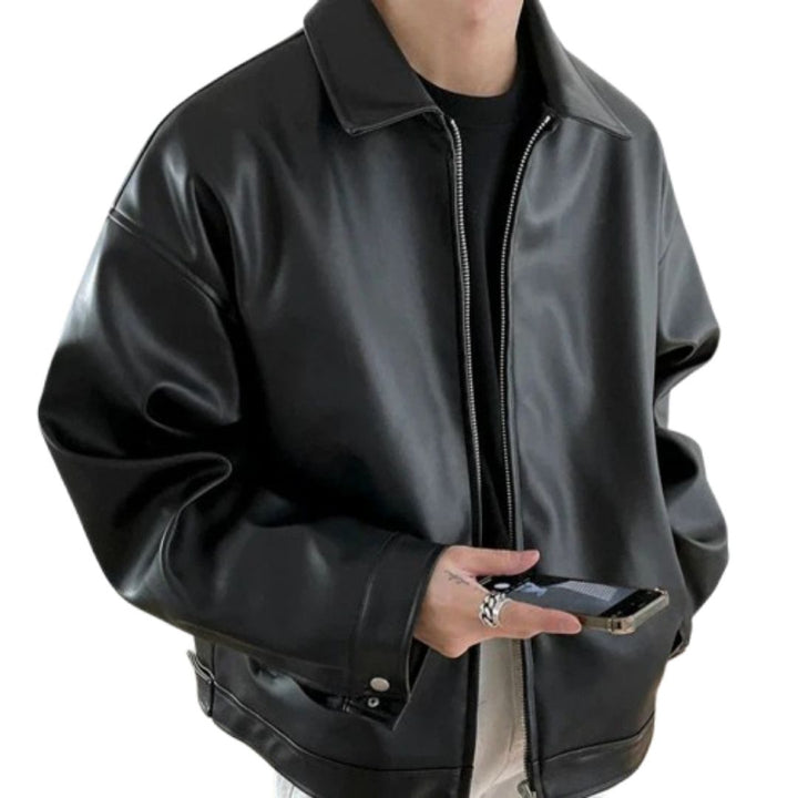 Oversized men's retro black bomber jacket with relaxed fit, perfect for urban edge and streetwear fashion.