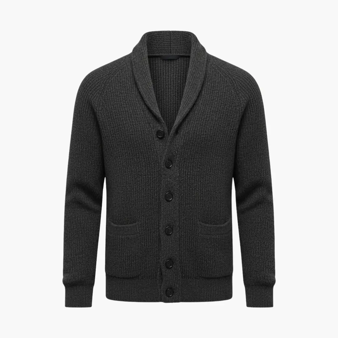 Men's black shawl collar cardigan with button front, a stylish winter layer for versatile casual wear.