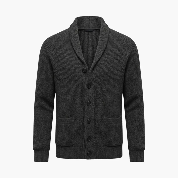 Men's black shawl collar cardigan with button front, a stylish winter layer for versatile casual wear.