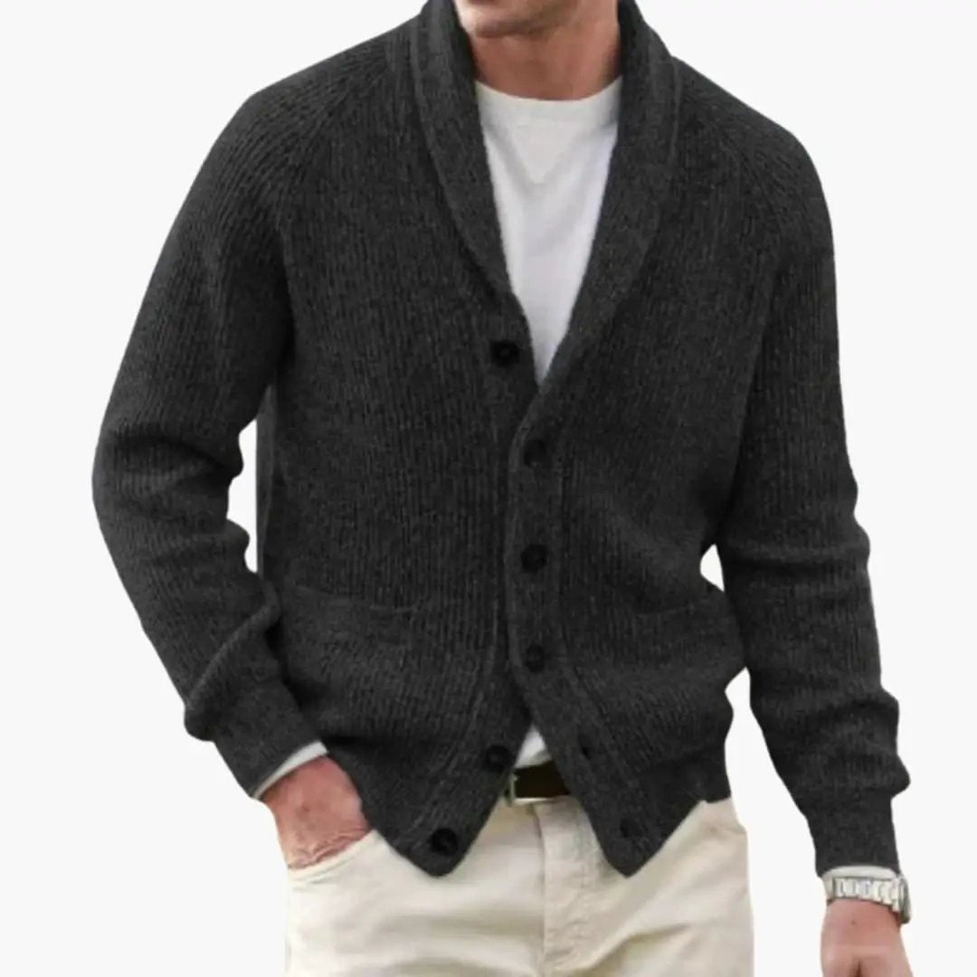 Comfortable men's olive green shawl collar cardigan, button-front design, perfect for everyday casual fashion.
