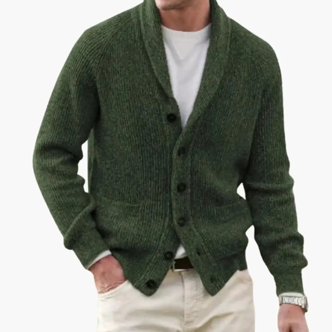 Stylish camel men's shawl collar cardigan, button-up and long sleeve, ideal for a warm winter fashion layer.