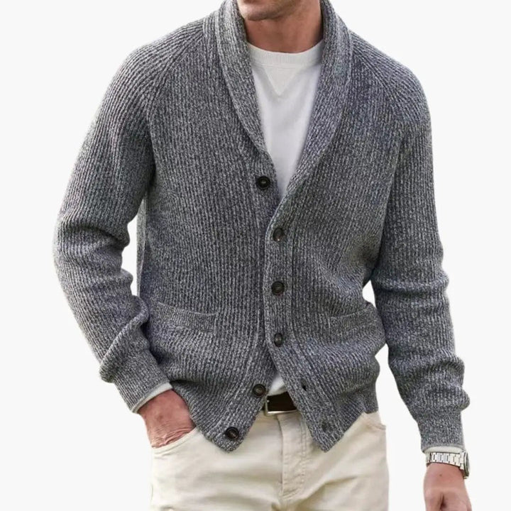 Men's button-front shawl collar cardigan, long sleeve, available in multiple colors, great for men's fashion.