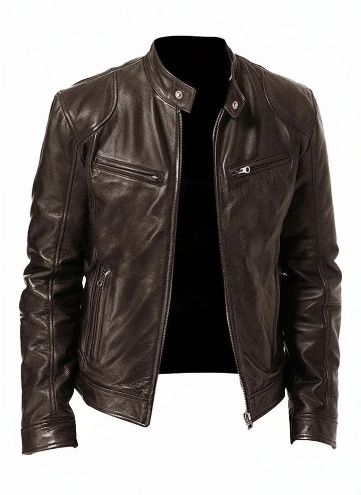 Men's black slim fit racer jacket with bold moto style, front zipper, perfect for urban casual fashion.