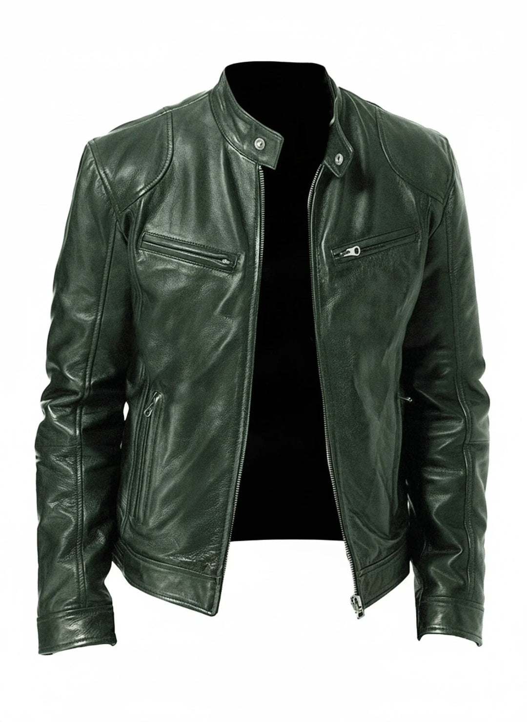 Stylish man wearing a black slim fit racer jacket, ideal for a modern urban look and all-season outerwear.
