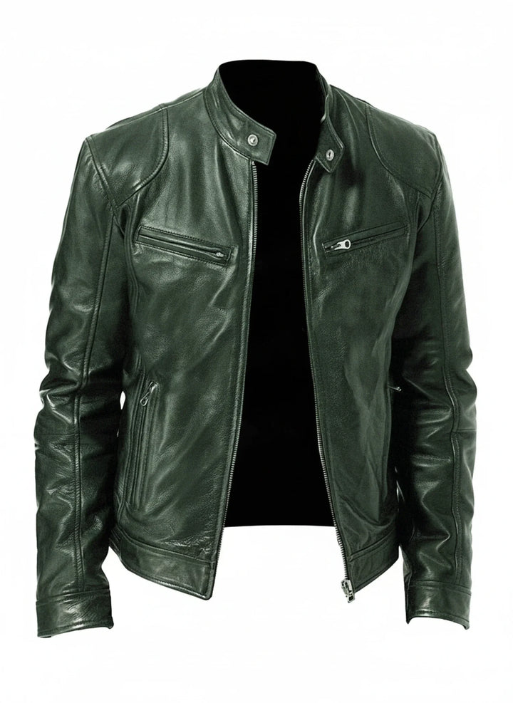 Stylish man wearing a black slim fit racer jacket, ideal for a modern urban look and all-season outerwear.