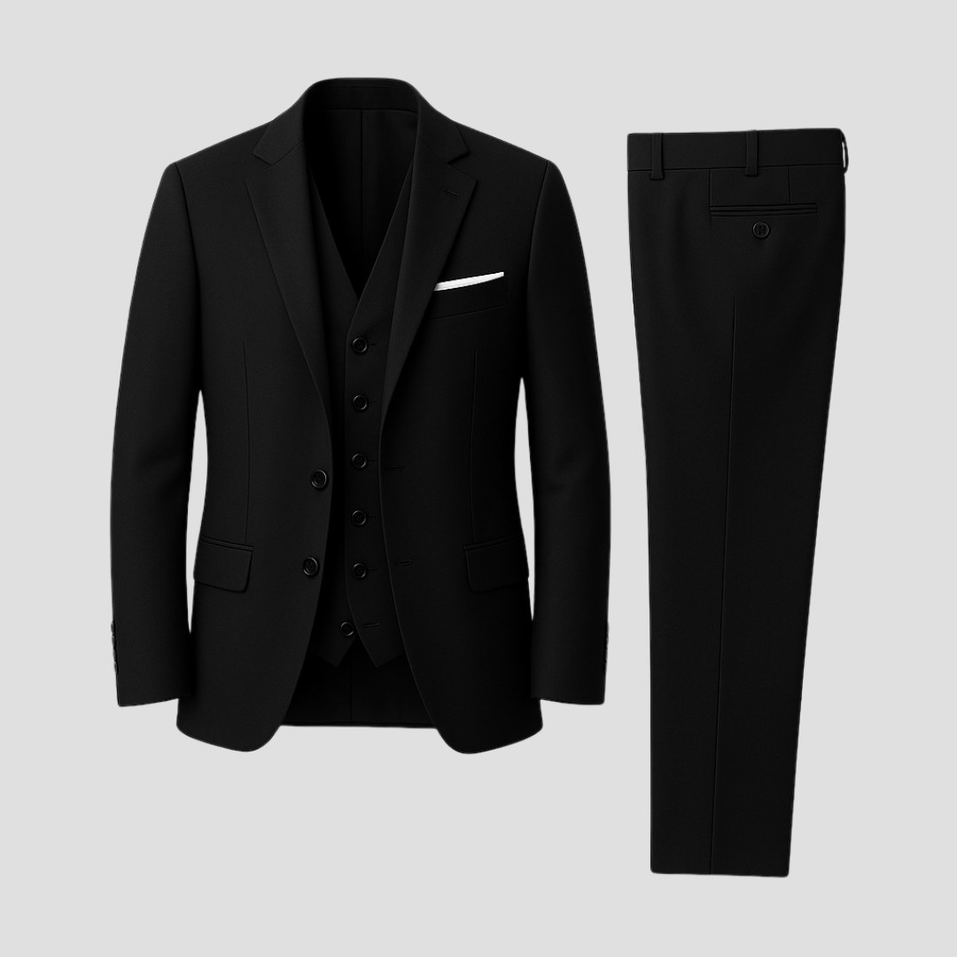 Men's black slim fit three-piece suit, tailored for a sharp, modern formal look.