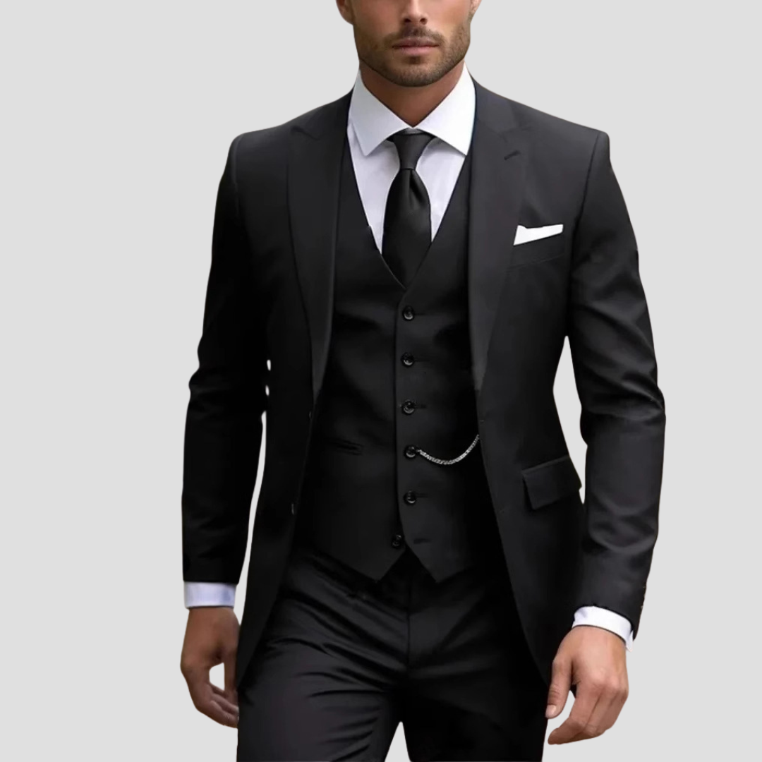 Classic men's black three-piece slim fit suit, perfect business attire or elegant formal wear.
