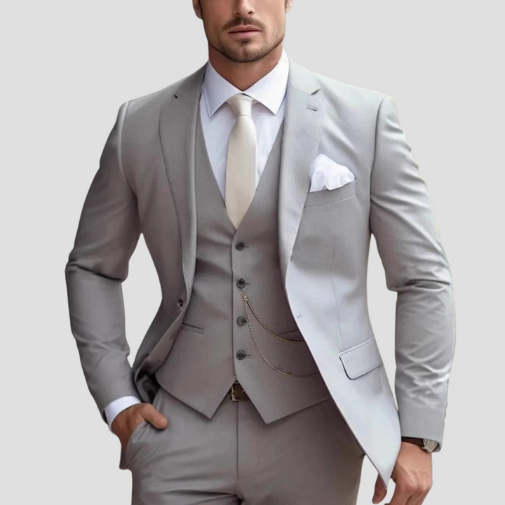 Elegant men's tailored black three-piece suit, offering a sophisticated slim fit for any occasion.