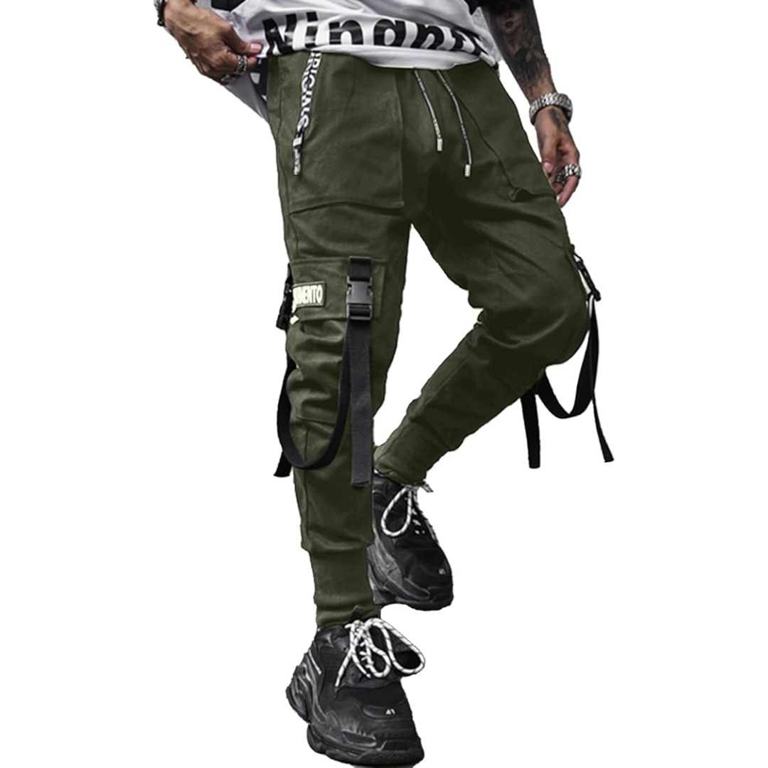Men's black techwear tactical joggers, blending urban style with utility for modern activewear.