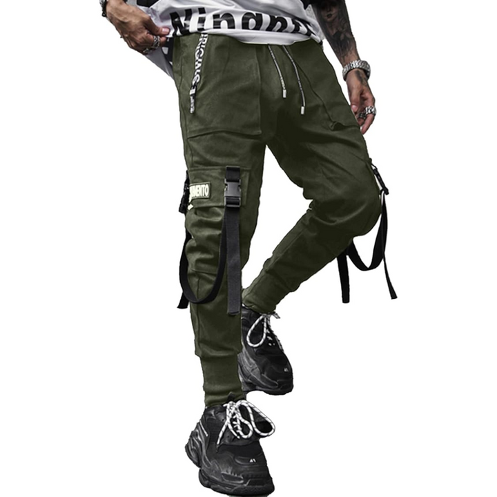 Men's black techwear tactical joggers, blending urban style with utility for modern activewear.