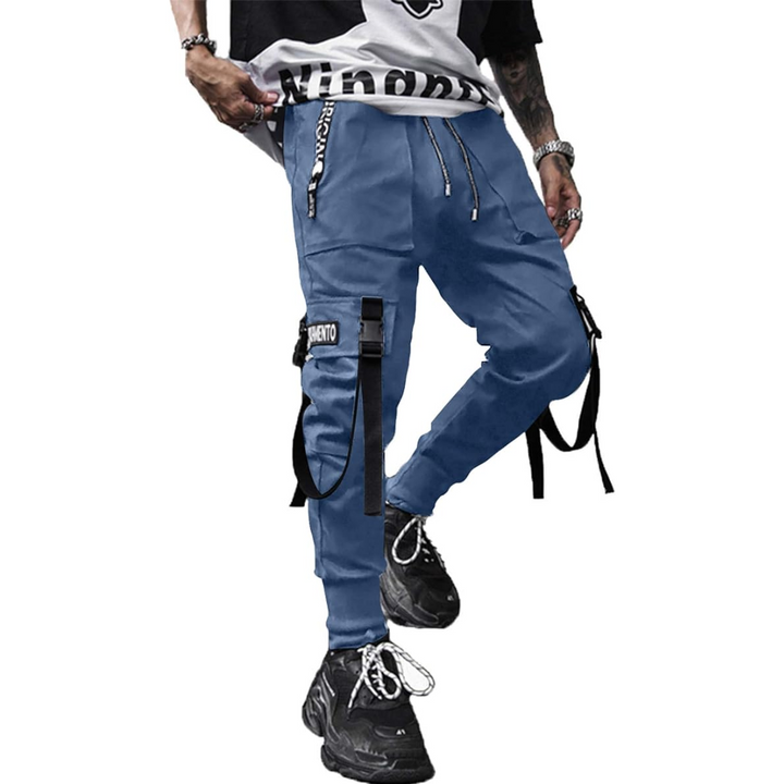 Comfortable men's techwear joggers in urban style, perfect for activewear & casual modern looks.