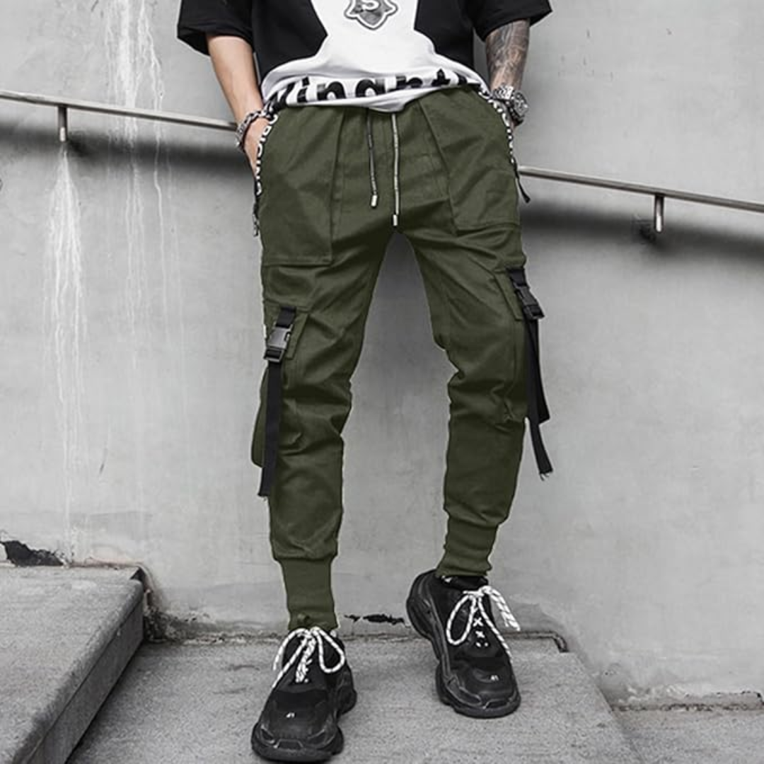 Black men's techwear joggers with a tactical multi-pocket design, perfect for urban active fashion.
