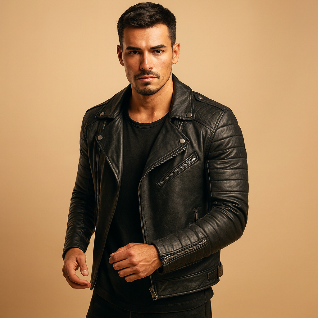 Men's black waterproof biker jacket for ultimate weather protection. Stylish motorcycle outerwear, perfect for fall and winter.