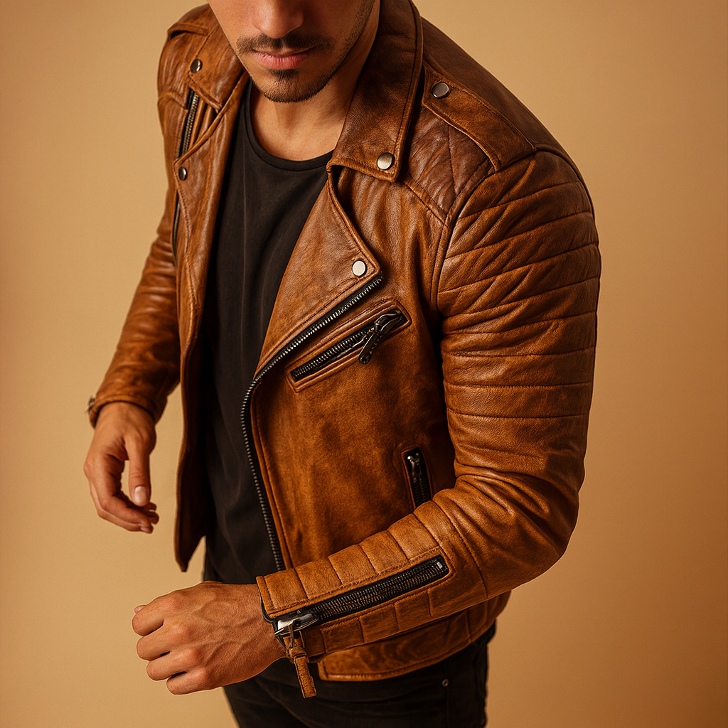 Durable men's waterproof & windproof biker jacket. Protective outerwear for motorcycles, a stylish choice for fall fashion.
