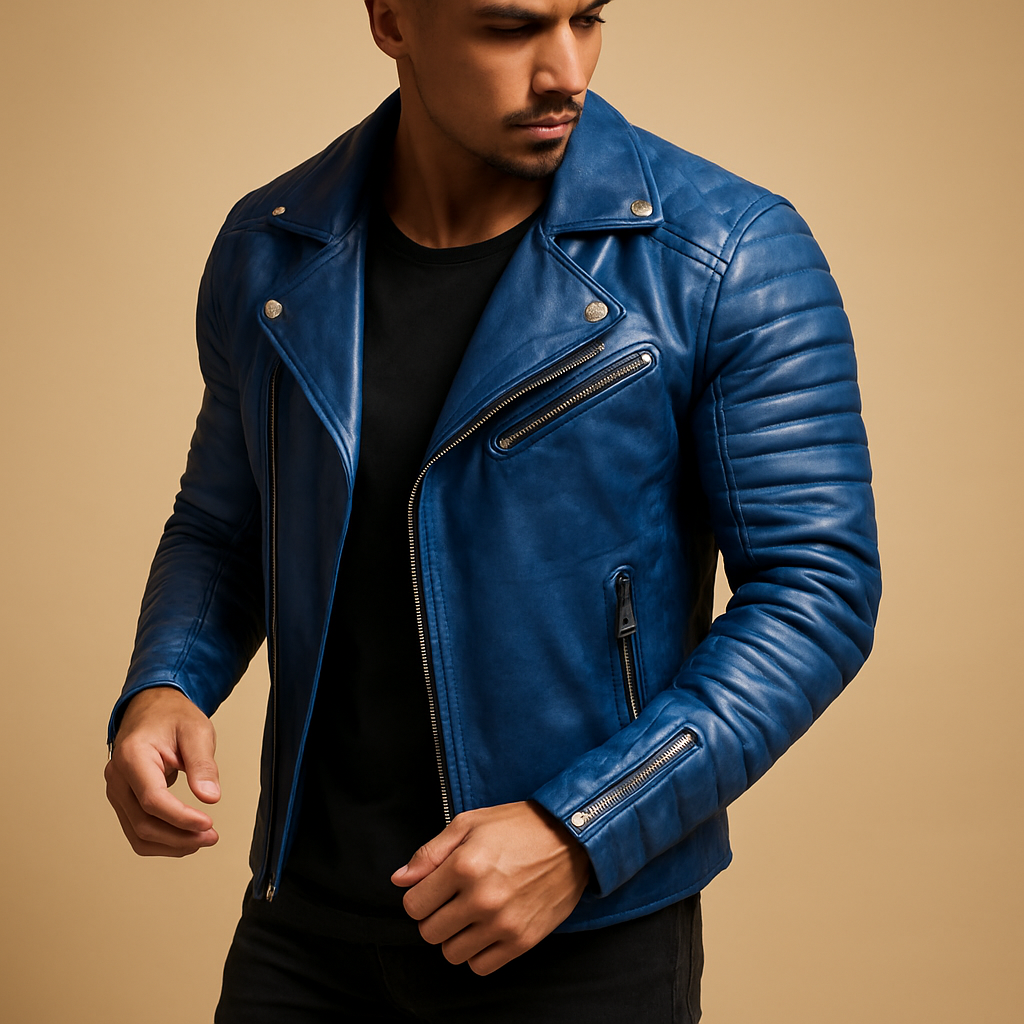 High-quality men's stylish waterproof biker jacket. Versatile & protective outerwear for fall & winter weather.
