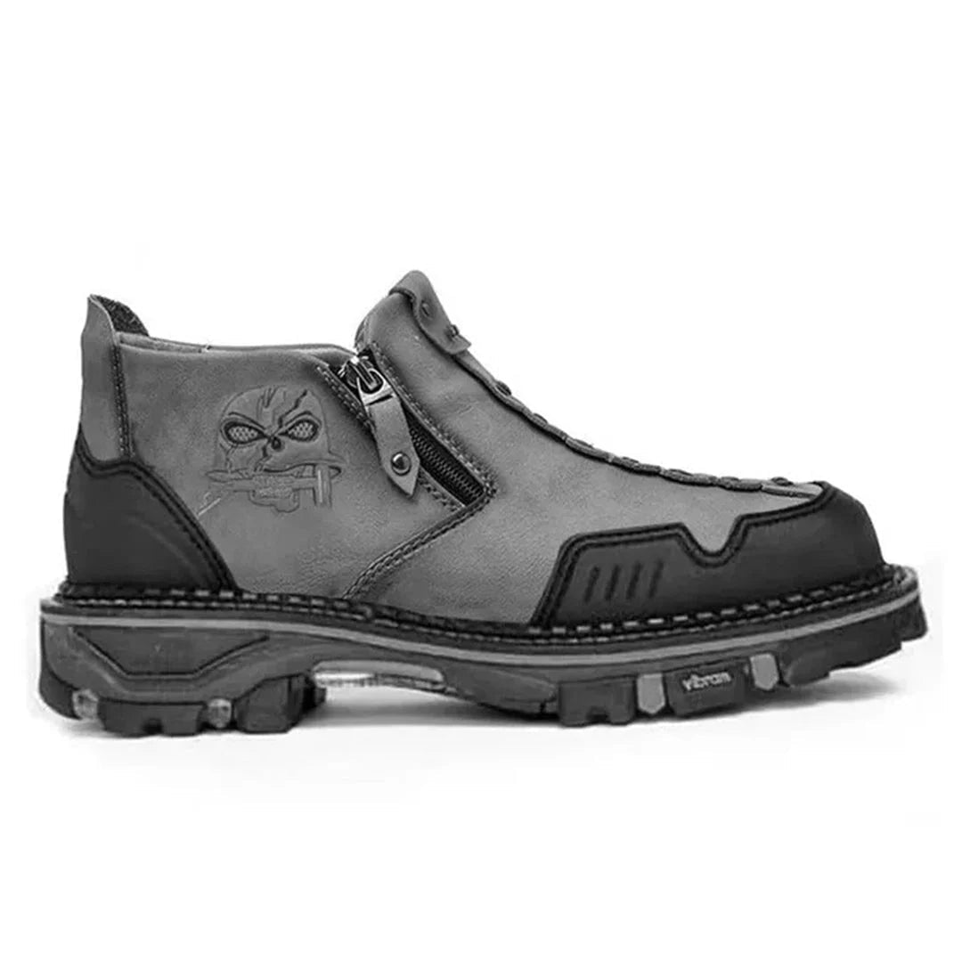 Men's bold skull ankle boots, black leather, gothic punk style, lace-up & zipper for durable unique footwear.