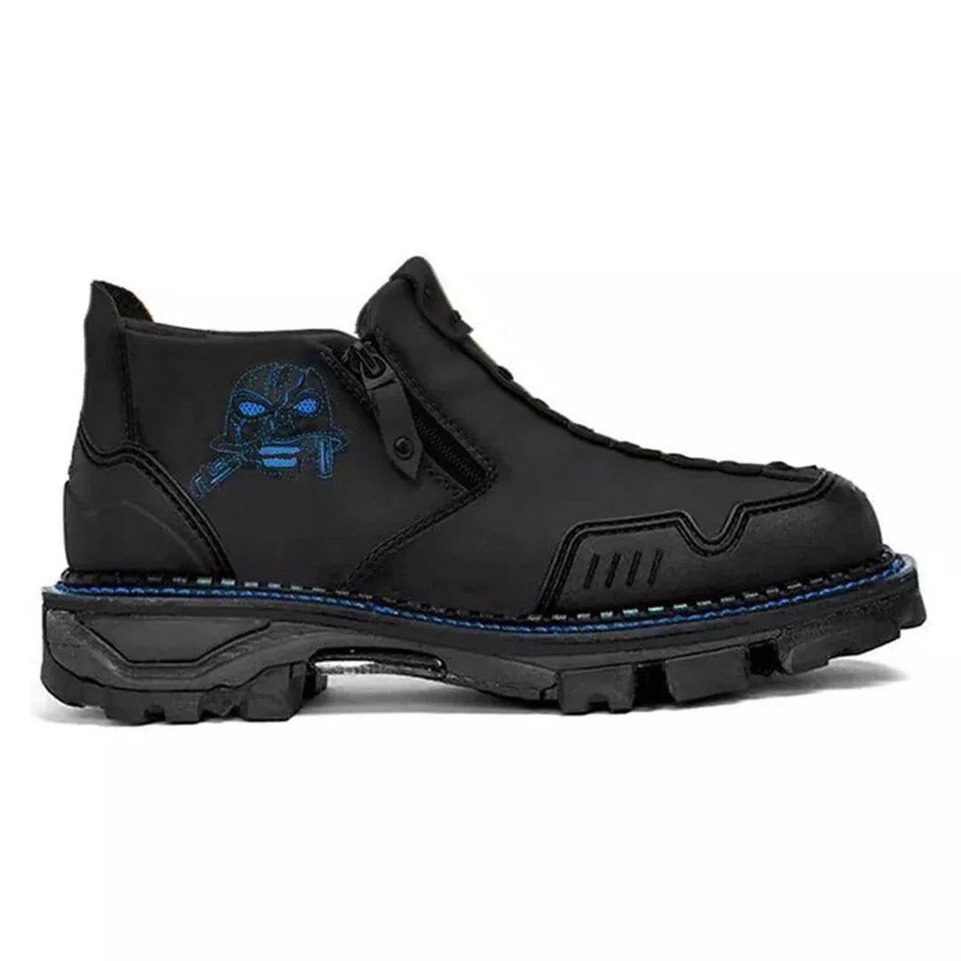 Stylish men's skull ankle boots, offering all-day comfort with a unique gothic fashion design and durable sole.