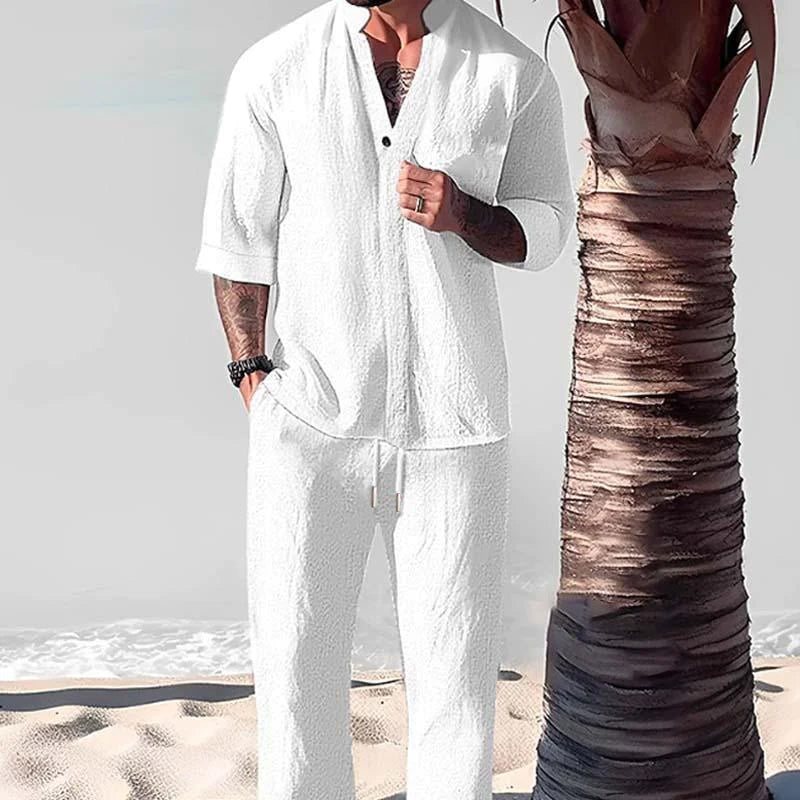 Two-piece men's cotton-linen summer set, ideal for vacation wear and ultimate relaxed comfort.