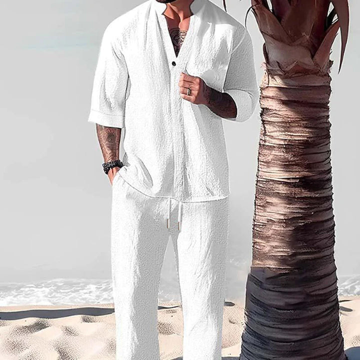 Two-piece men's cotton-linen summer set, ideal for vacation wear and ultimate relaxed comfort.
