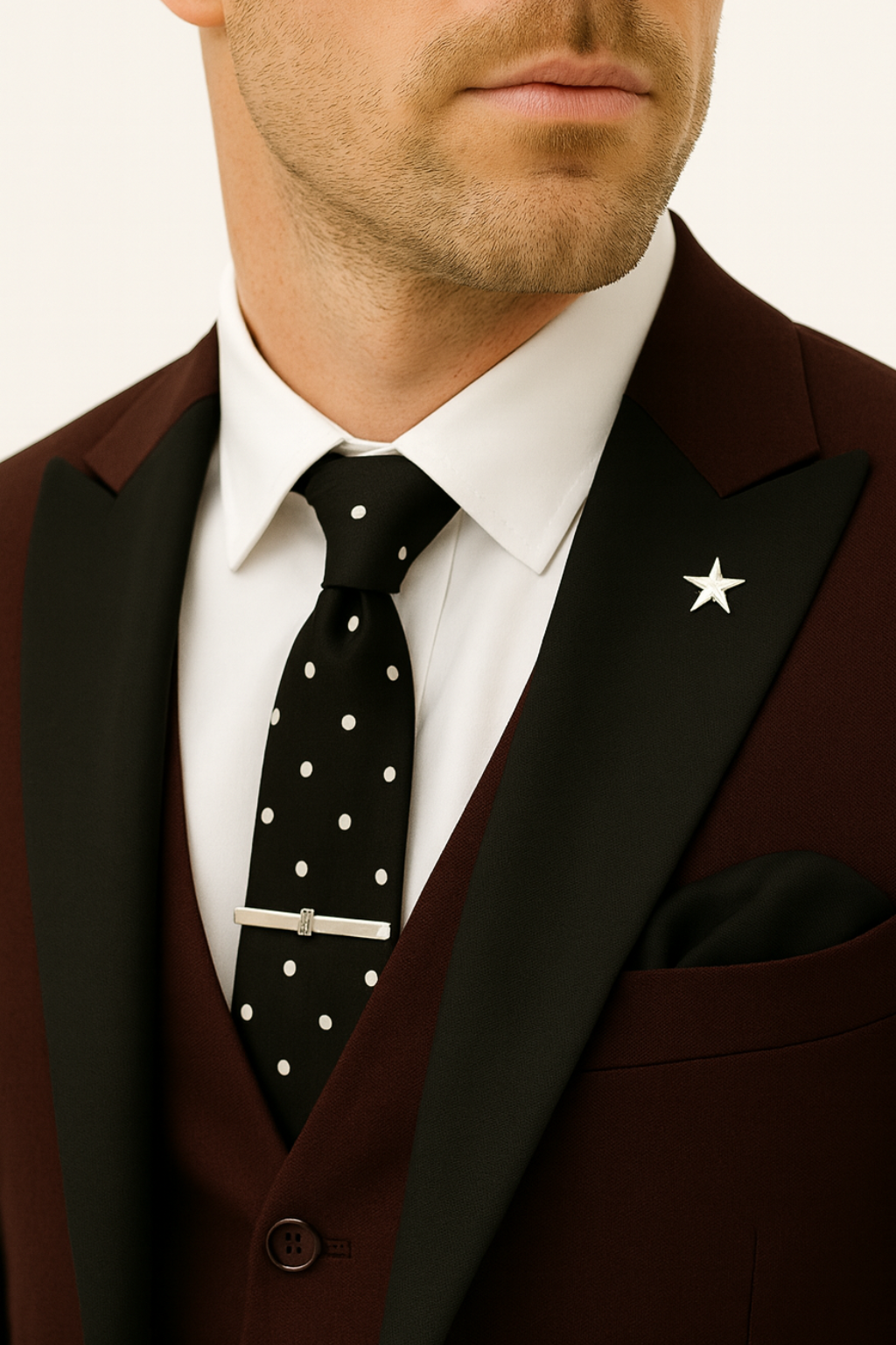 Stylish men's burgundy 3-piece suit set, ideal for spring fashion and wedding attire.