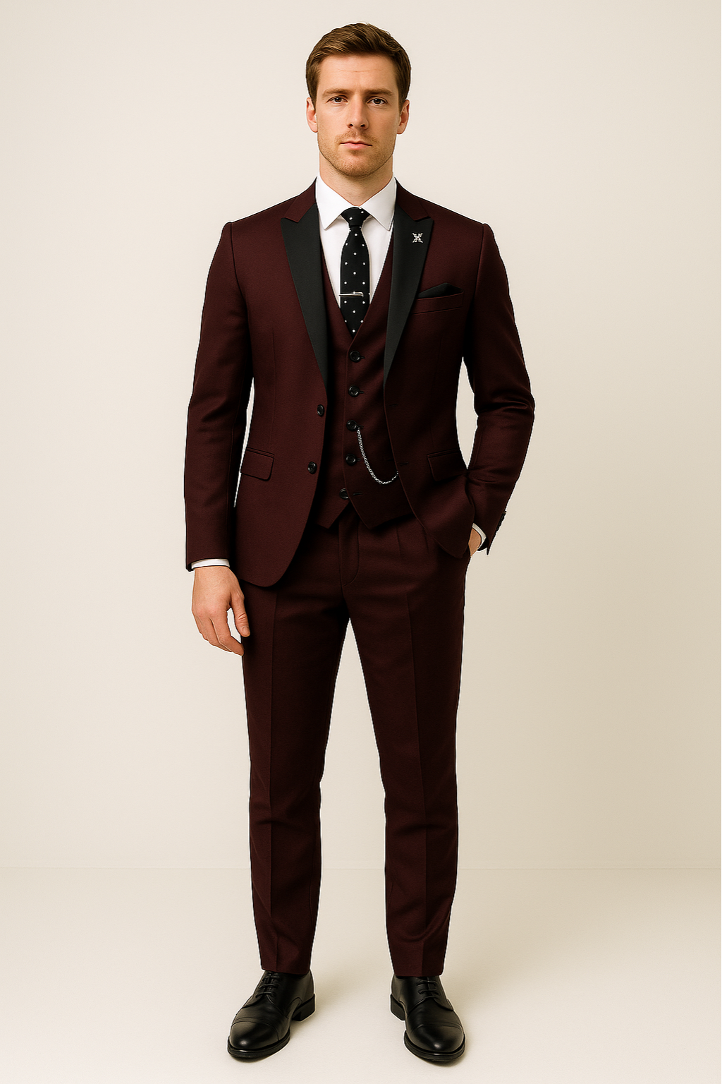 Close-up of a men's formal burgundy three-piece suit, showcasing fabric detail and tailoring.