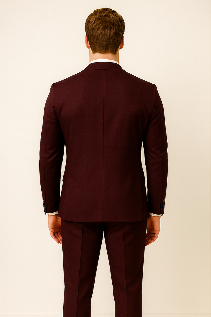 Elegant men's burgundy three-piece suit for a sophisticated look, suitable for business or special occasions.