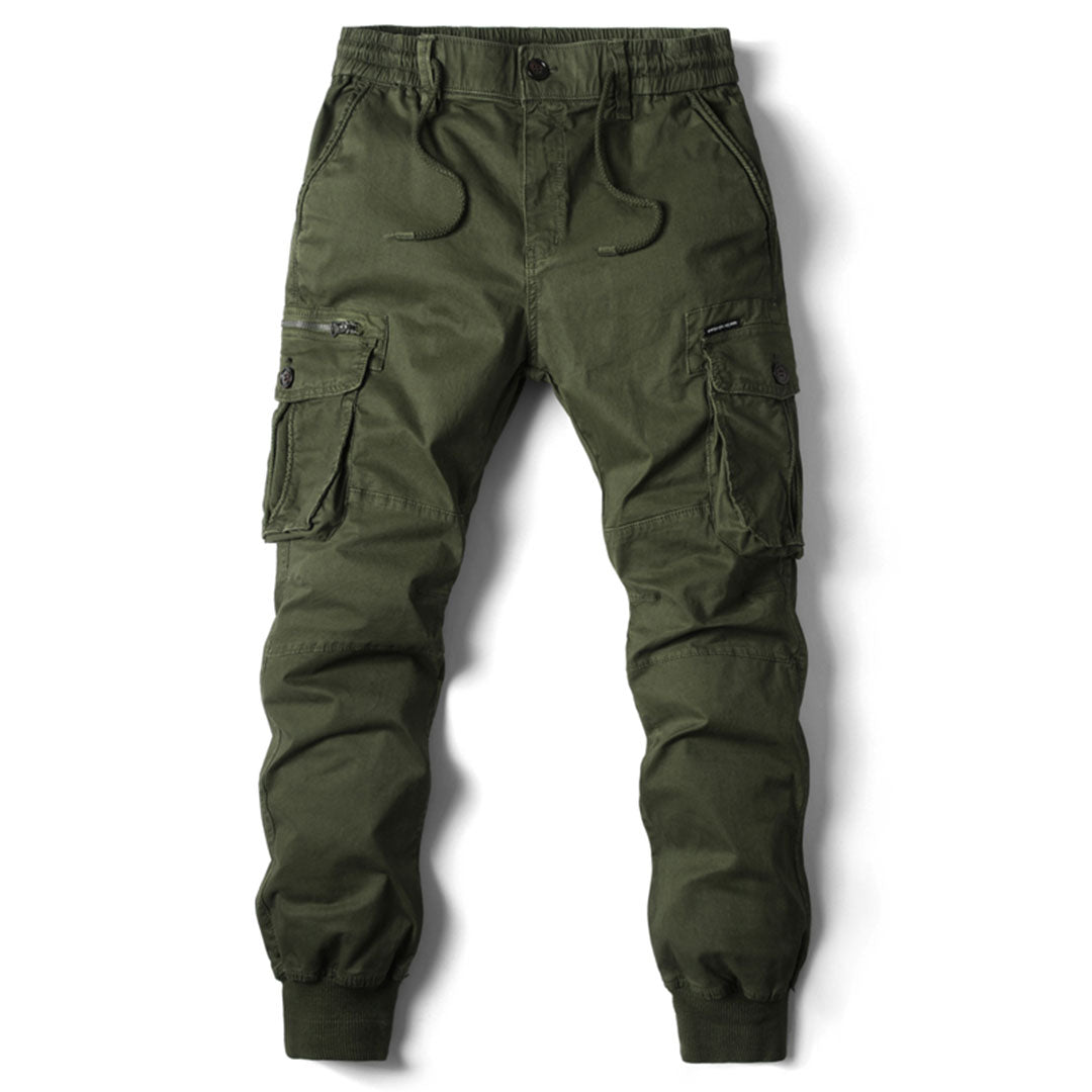 Group of men's jogger pants in various colors: black, gray, and navy, for casual wear.