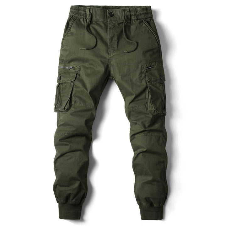 Group of men's jogger pants in various colors: black, gray, and navy, for casual wear.