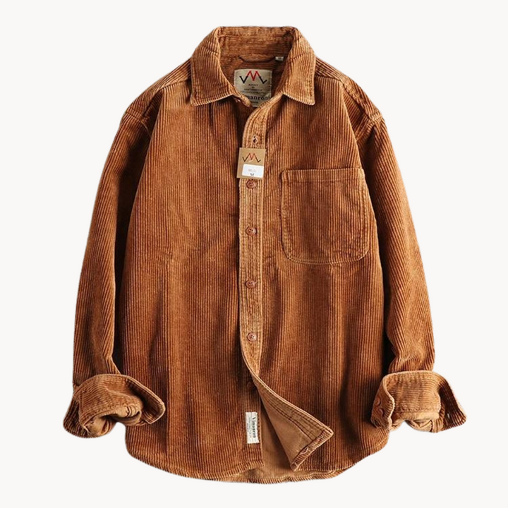 Men's casual corduroy button-down shirt in a classic long sleeve design, perfect for autumn fashion.