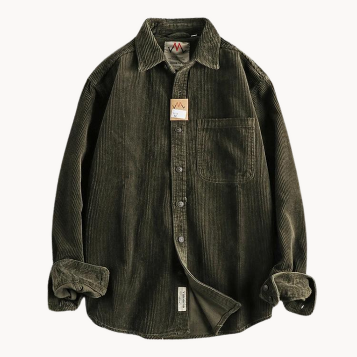 Back view of a men's long sleeve corduroy button-down shirt, emphasizing its relaxed fit.