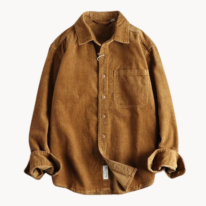 Styled outfit featuring a men's corduroy long sleeve button-down shirt, perfect for autumn casual wear.