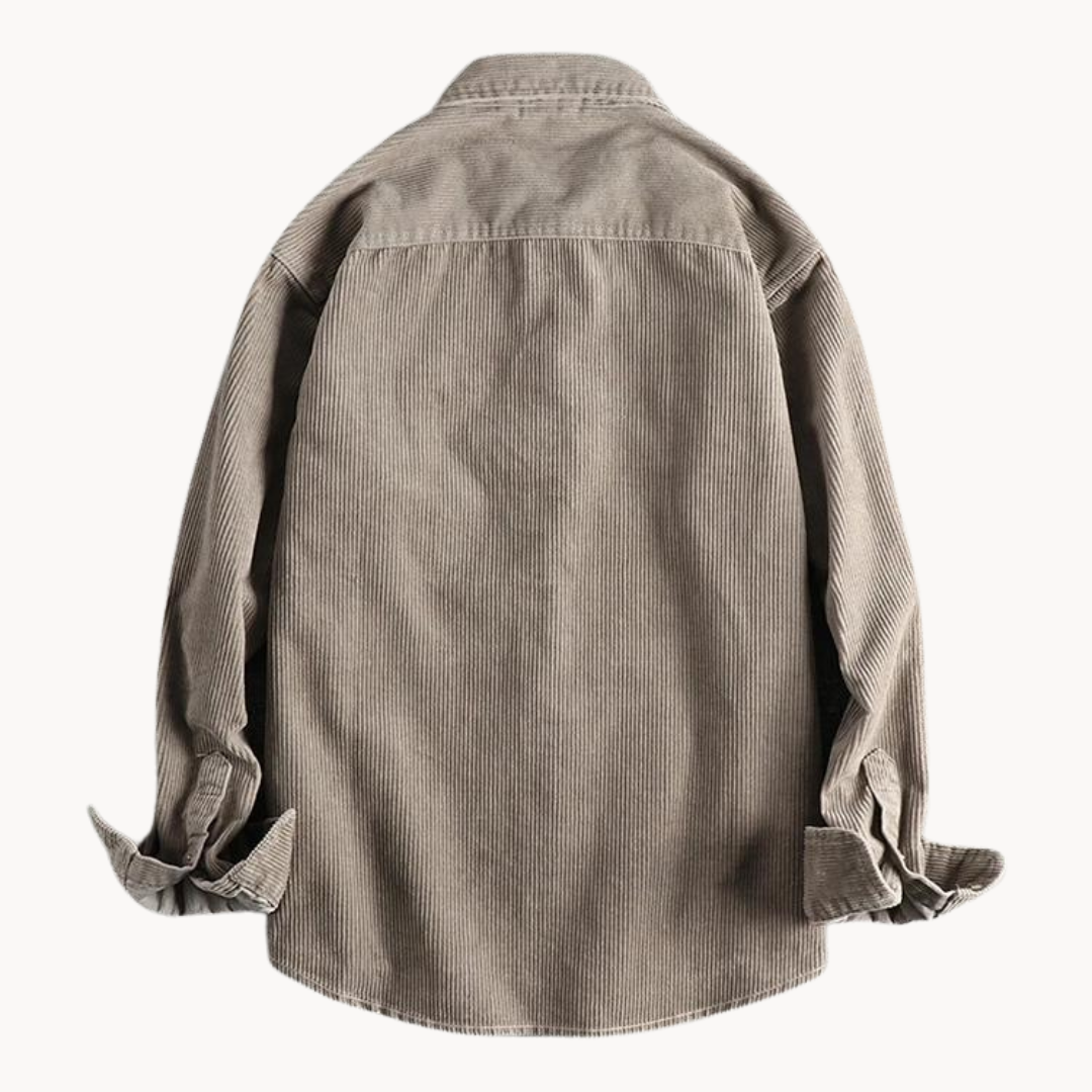 Close-up of the textured corduroy fabric on a men's long sleeve button-down shirt, ideal for winter wear.