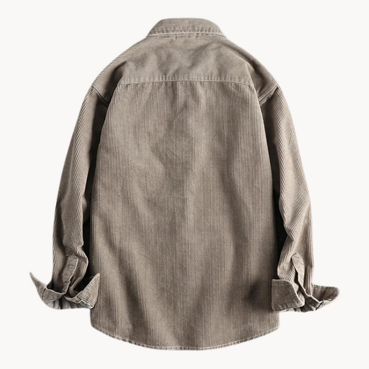 Close-up of the textured corduroy fabric on a men's long sleeve button-down shirt, ideal for winter wear.