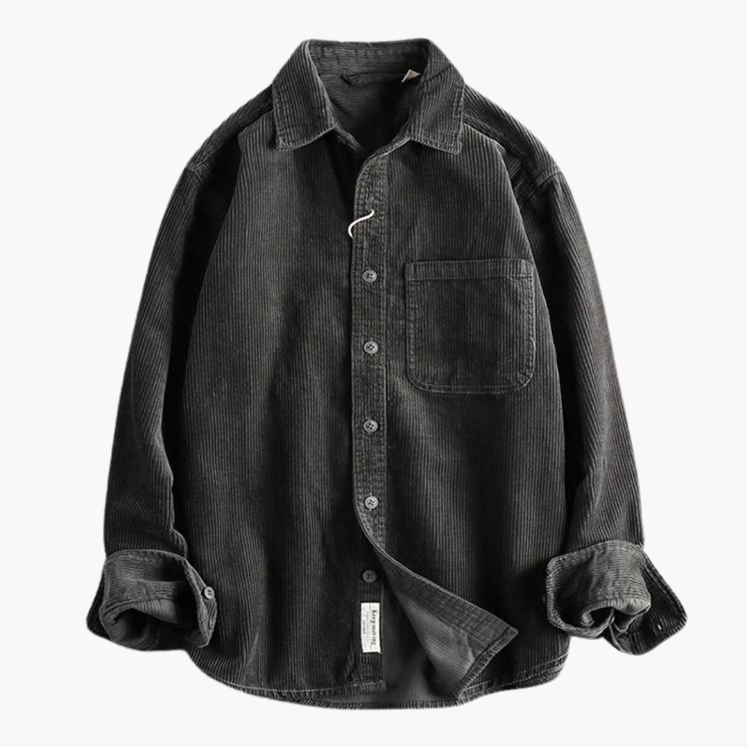 Full view of a man wearing a comfortable and versatile casual corduroy long sleeve button-down shirt.